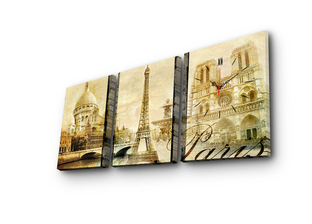 Relógio de Parede em Tela Decorativa Multicolor (3 Peças) – 30x40 cm cada, Total 96x40 cm – Tela de Camurça 100% com Moldura de Madeira 3 cm