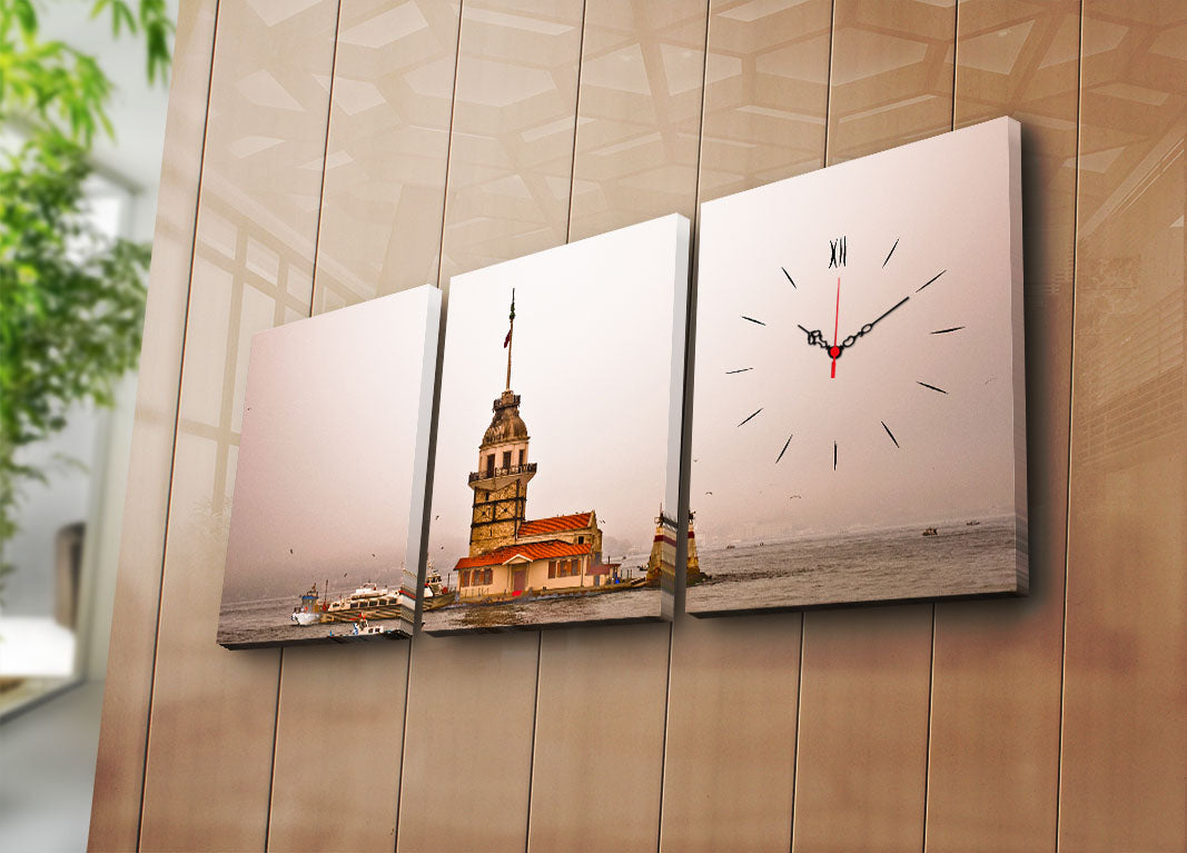 Relógio de Parede em Tela Decorativa (3 Peças) Multicolor – 30x40 cm cada, total 96x40 cm, tela suede e moldura de madeira – 3P3040CS-28
