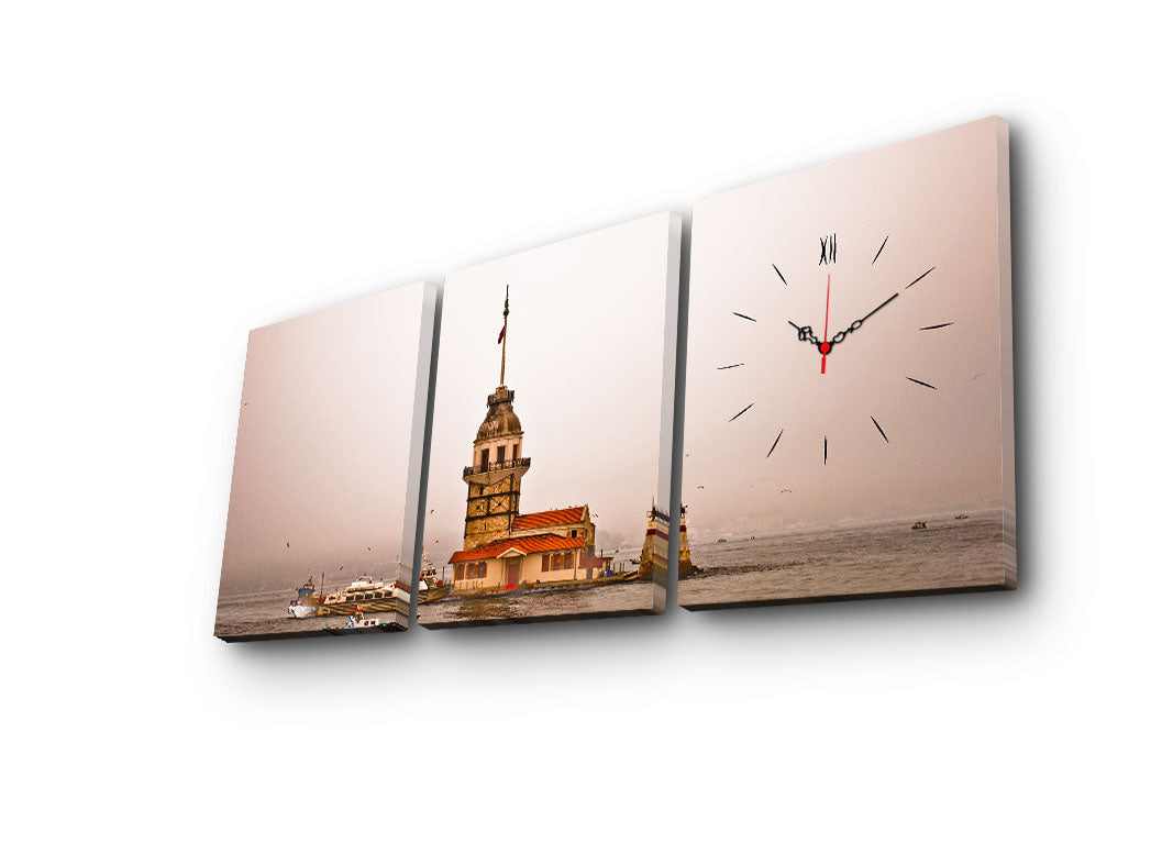 Relógio de Parede em Tela Decorativa (3 Peças) Multicolor – 30x40 cm cada, total 96x40 cm, tela suede e moldura de madeira – 3P3040CS-28
