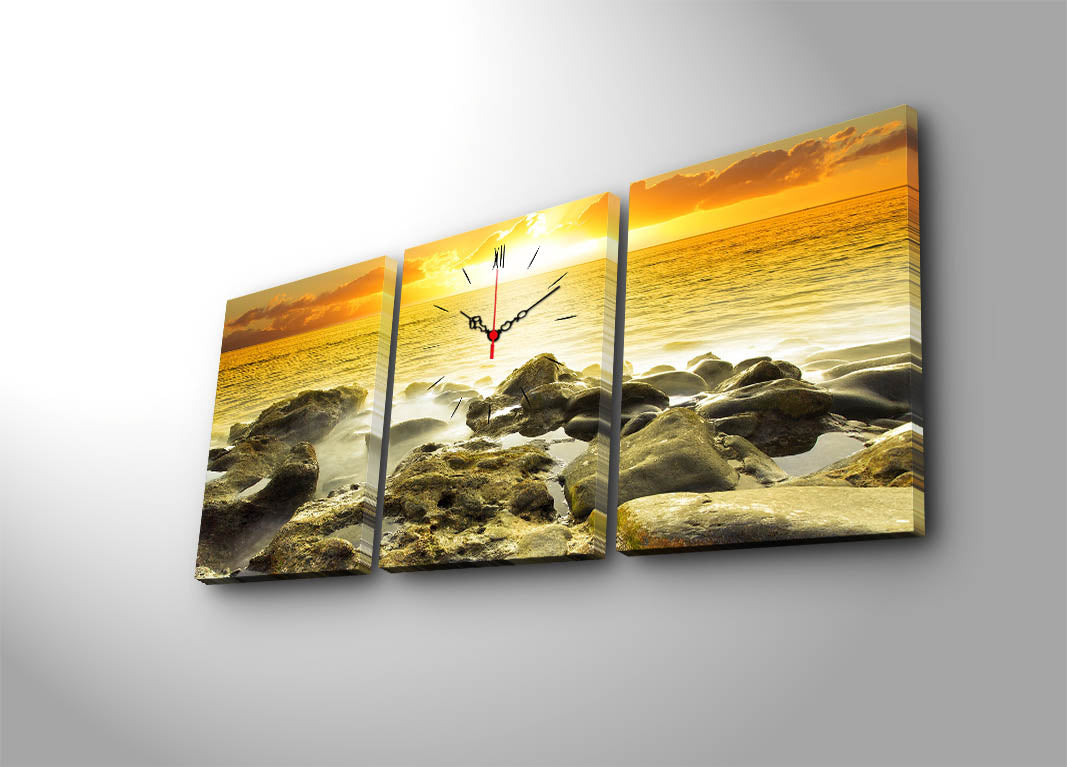 Relógio de Parede em Tela Decorativa 3 Peças, Multicor – 30x40 cm cada (96x40 cm total), Suede 100% com Moldura de Madeira