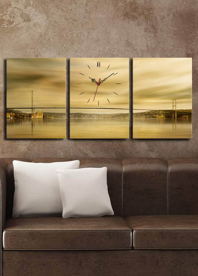 Relógio de Parede em Tela Decorativa (3 Peças) Multicolor – 30x40 cm cada, total 96x40 cm, tela camurça 100%, moldura de madeira 3 cm