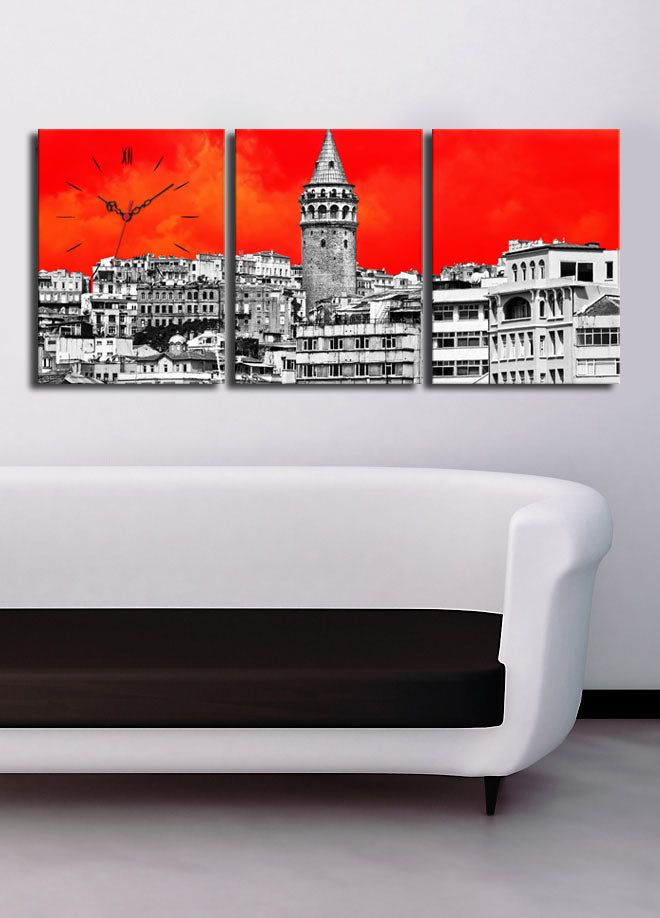 Relógio de Parede em Tela Decorativa (Conjunto 3 Peças) Multicolor – Tela Camurça 100%, Moldura de Madeira 3 cm, 96x40 cm