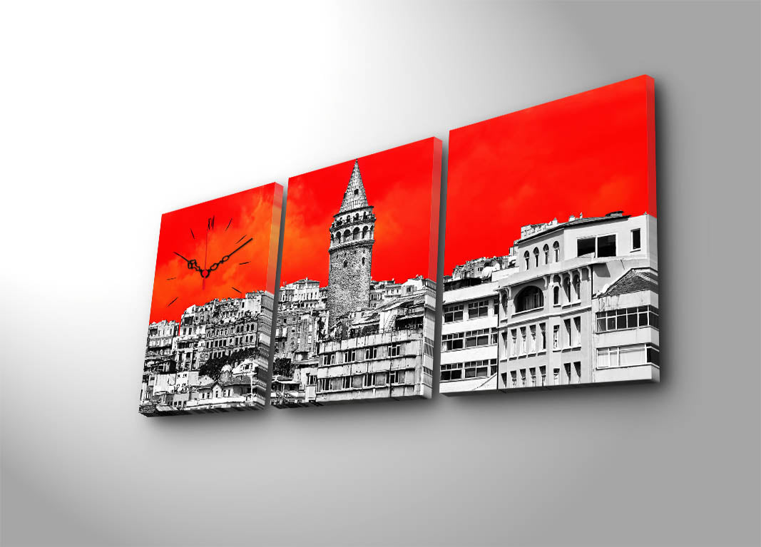 Relógio de Parede em Tela Decorativa (Conjunto 3 Peças) Multicolor – Tela Camurça 100%, Moldura de Madeira 3 cm, 96x40 cm