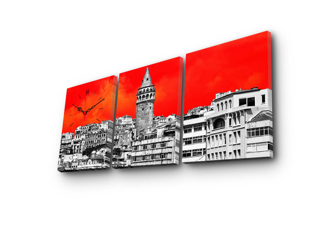 Relógio de Parede em Tela Decorativa (Conjunto 3 Peças) Multicolor – Tela Camurça 100%, Moldura de Madeira 3 cm, 96x40 cm