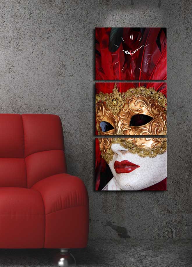 Relógio de Parede em Tela Decorativa (3 Peças) 30x40 cm – Total 96x40 cm, Multicolor, Canvas Suede 100% com Moldura de Madeira 3 cm – 3P3040CS-37