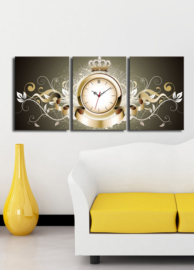 Relógio de Parede em Tela Decorativa 3 Peças, Multicolor, 30x40 cm cada (Total 96x40), Suede 100%, Moldura de Madeira 3 cm