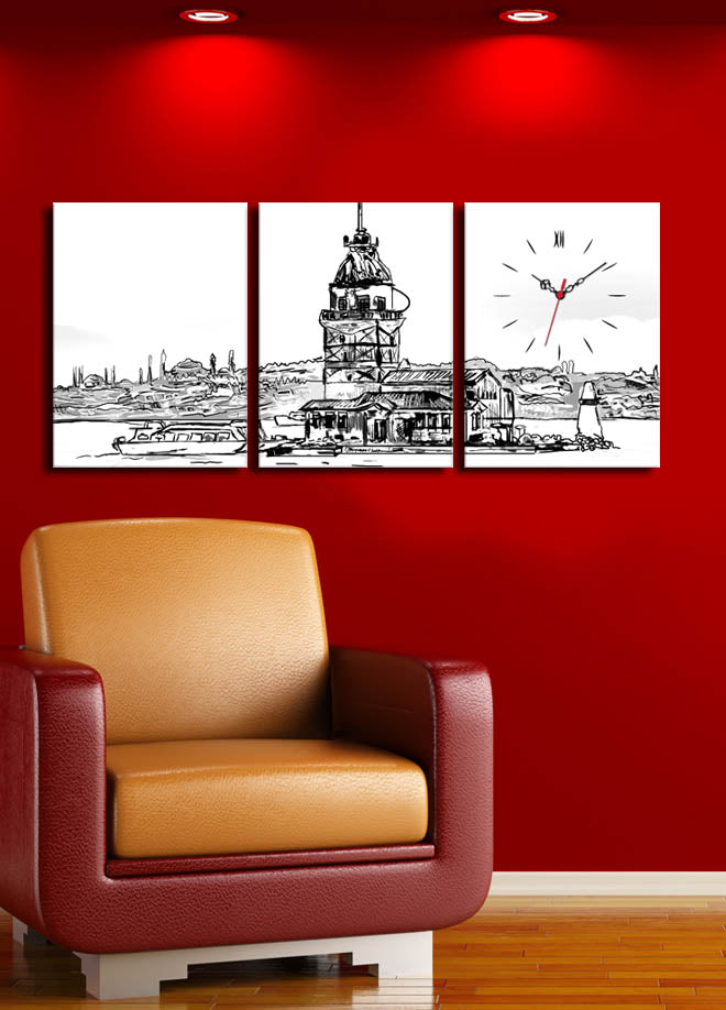 Relógio de Parede em Tela Decorativa 3 Peças Multicolor, 30x40 cm cada (Total 96x40 cm), Tela Suede 100%, Moldura de Madeira 3 cm – 3P3040CS-50