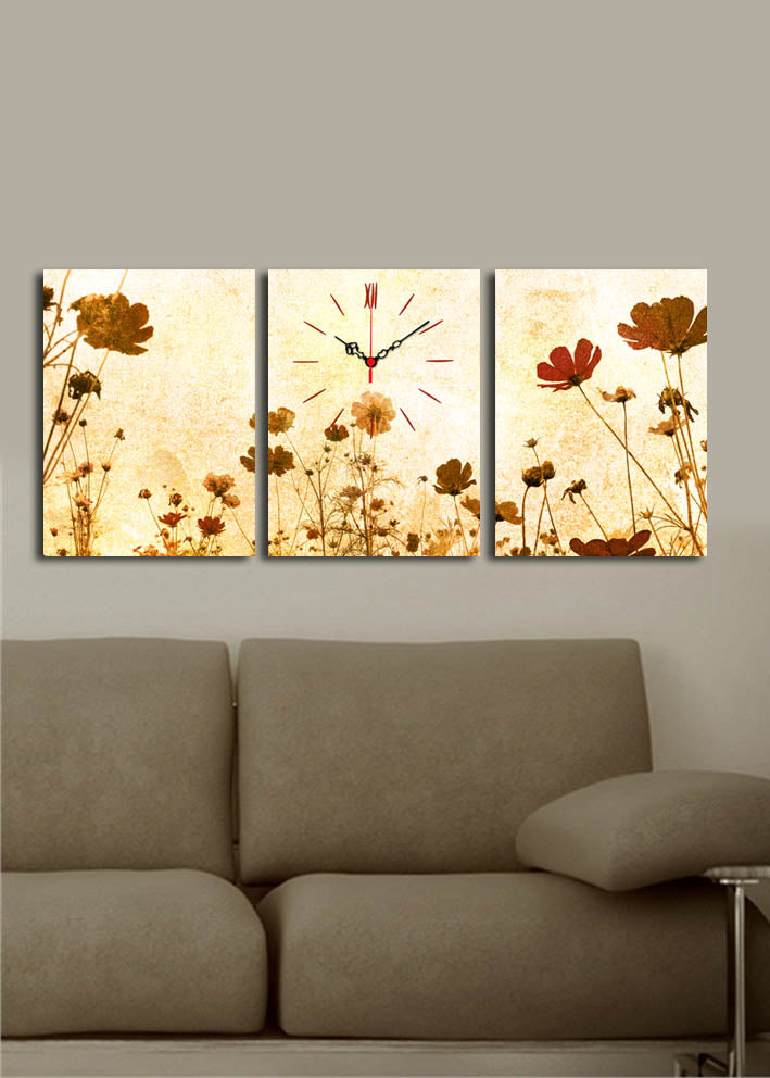 Relógio de Parede em Tela Suede – Conjunto 3 Peças, Multicolor, Moldura de Madeira, 30x40 cm (cada), Total 96x40 cm