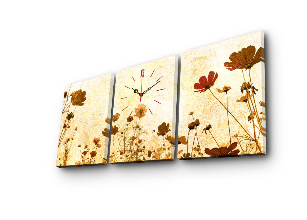 Relógio de Parede em Tela Suede – Conjunto 3 Peças, Multicolor, Moldura de Madeira, 30x40 cm (cada), Total 96x40 cm
