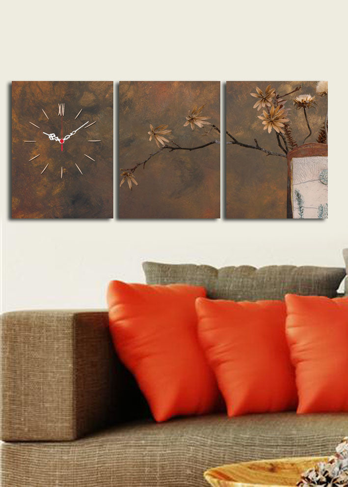 Relógio de Parede em Tela Decorativa Multicolor (Conjunto de 3) — Tela Suede 100%, 30x40 cm cada (Total 96x40 cm), Moldura de Madeira 3 cm