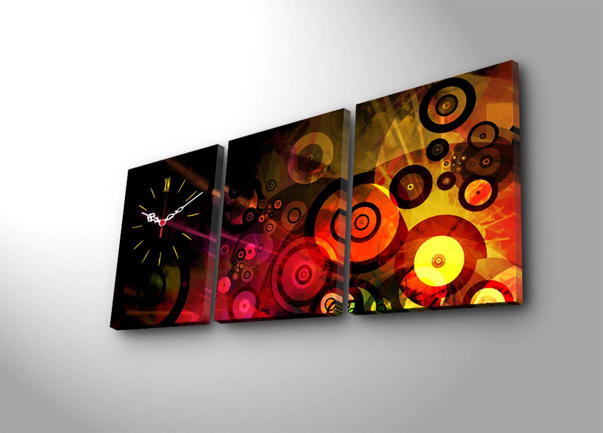Relógio de Parede em Tela Decorativa (3 Peças) Multicolor — 3P3040CS-58, Suede 100%, Moldura de Madeira 3 cm, 30x40 cm cada, Total 96x40 cm