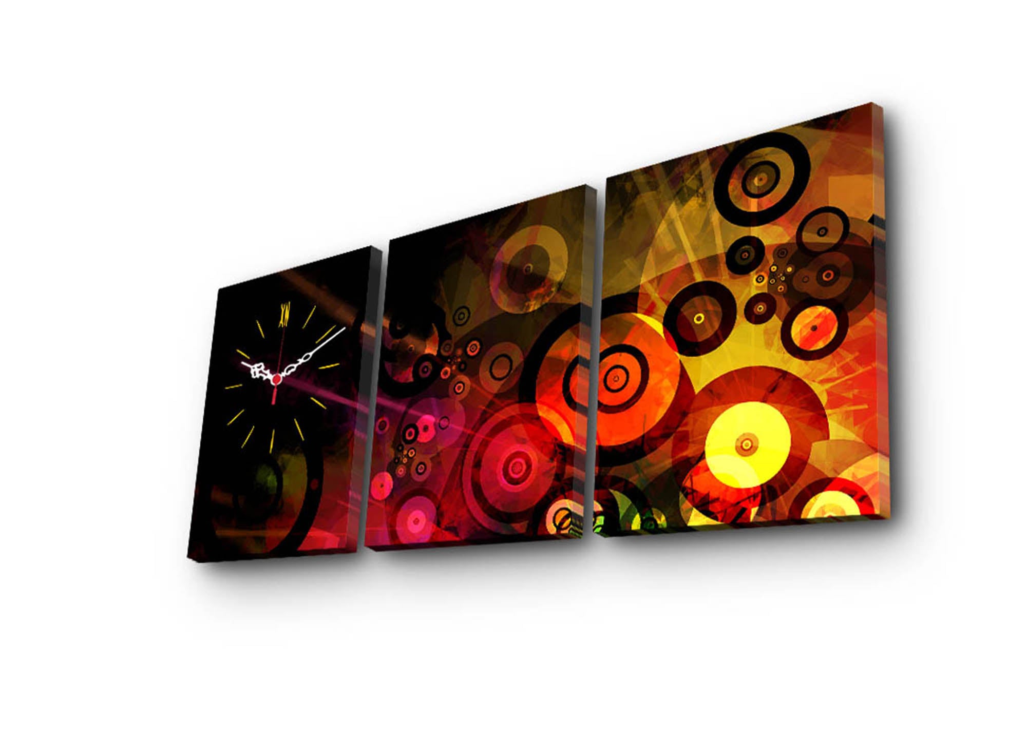 Relógio de Parede em Tela Decorativa (3 Peças) Multicolor — 3P3040CS-58, Suede 100%, Moldura de Madeira 3 cm, 30x40 cm cada, Total 96x40 cm