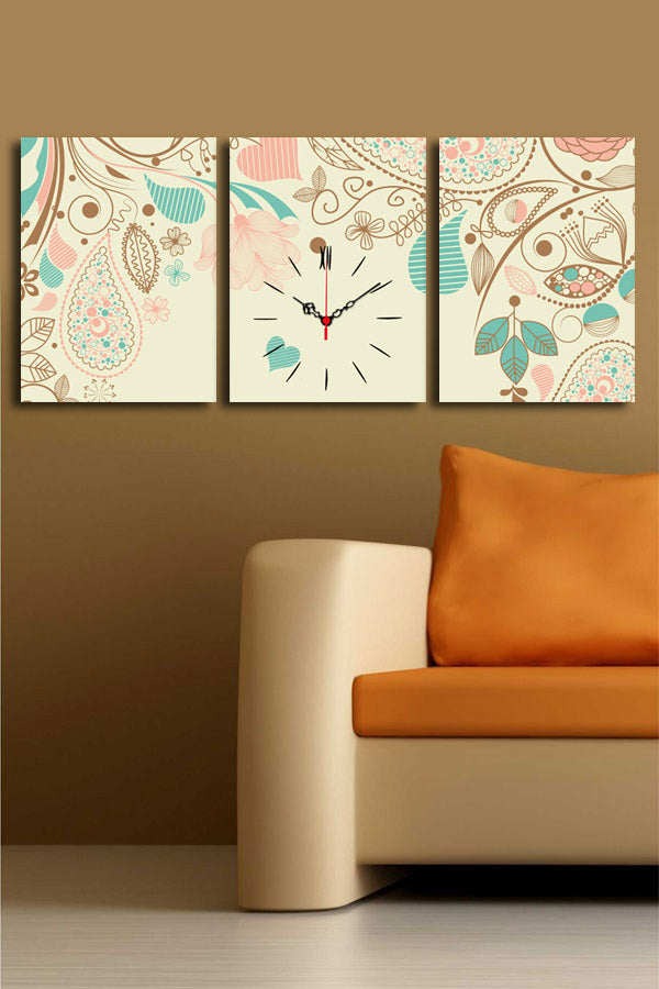 Relógio de Parede em Tela Suede 100% (3 Peças) Multicolor — 30x40 cm cada, Total 96x40, Moldura de Madeira 3 cm