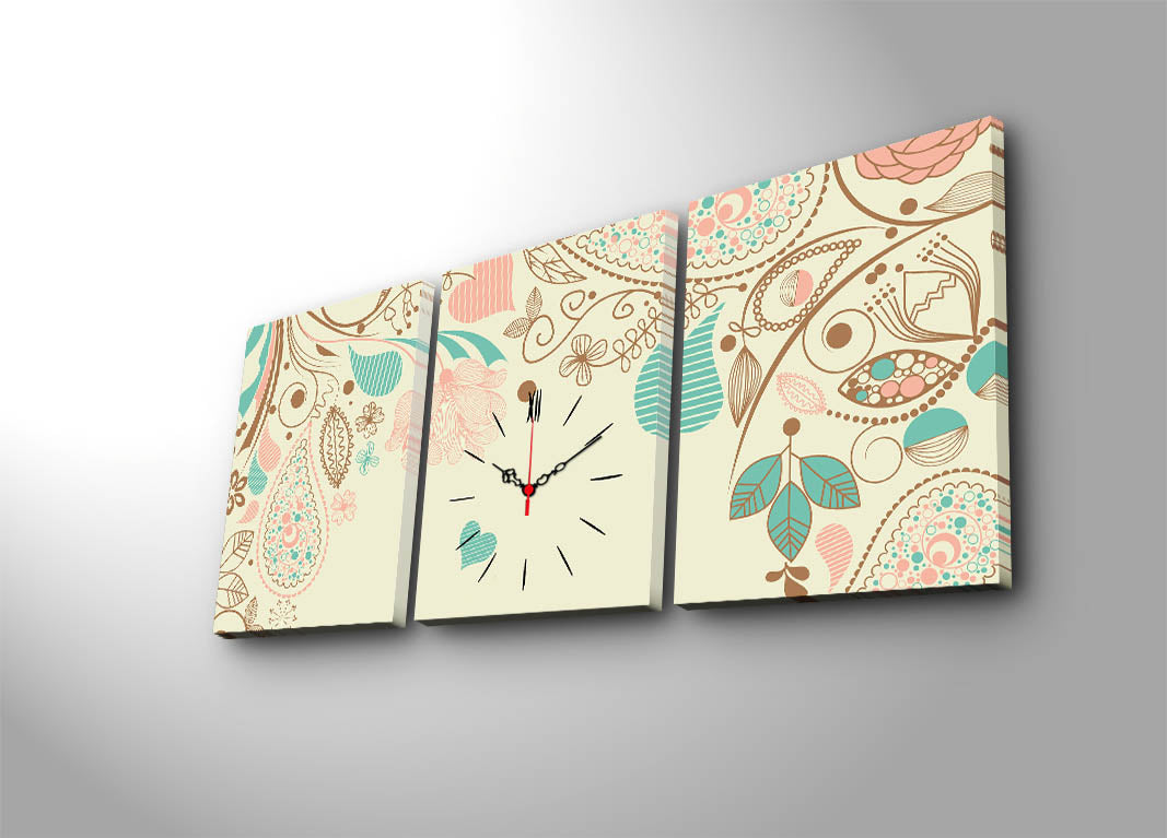 Relógio de Parede em Tela Suede 100% (3 Peças) Multicolor — 30x40 cm cada, Total 96x40, Moldura de Madeira 3 cm