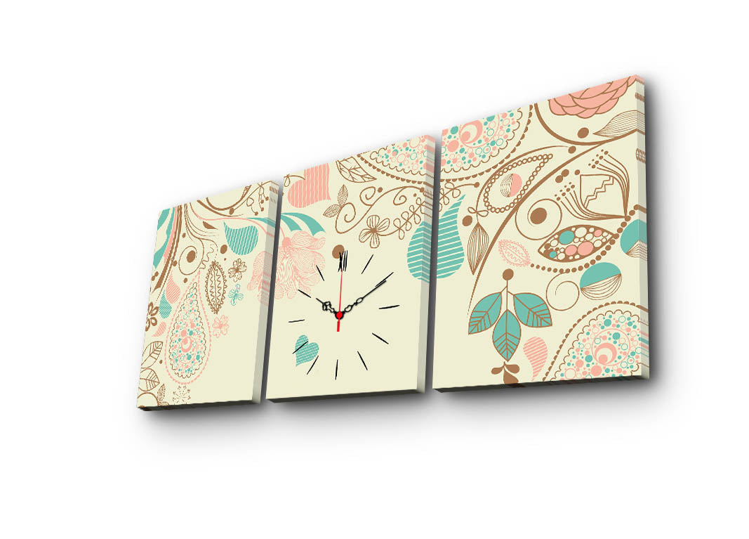 Relógio de Parede em Tela Suede 100% (3 Peças) Multicolor — 30x40 cm cada, Total 96x40, Moldura de Madeira 3 cm