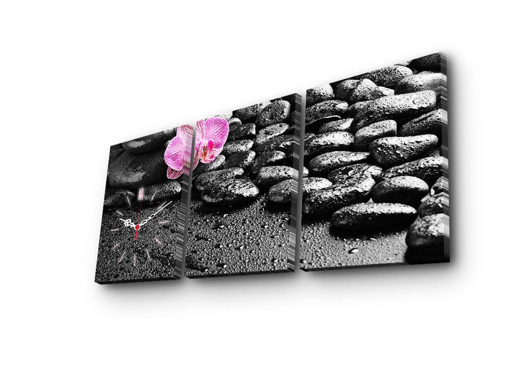 Relógio de Parede em Tela Decorativa (3 Peças) Multicolor – Tela Suede 100%, 30x40 cm cada, Total 96x40 cm, Moldura de Madeira 3 cm