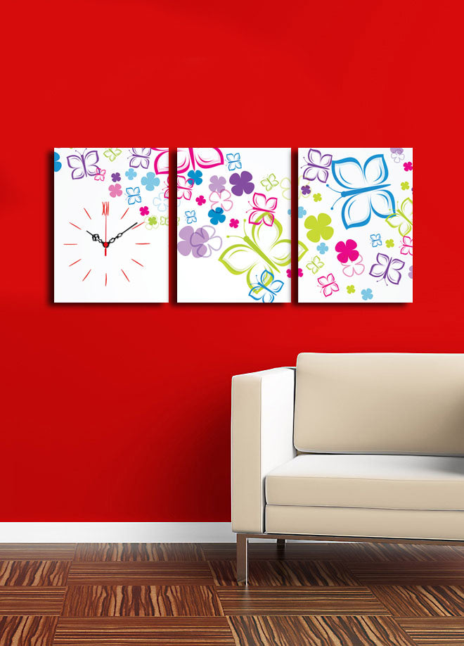 Relógio de Parede em Tela Decorativa (3 Peças) Multicolor — Tela Suede 100%, 30x40 cm cada, Total 96x40 cm, Moldura de Madeira 3 cm (3P3040CS-65)