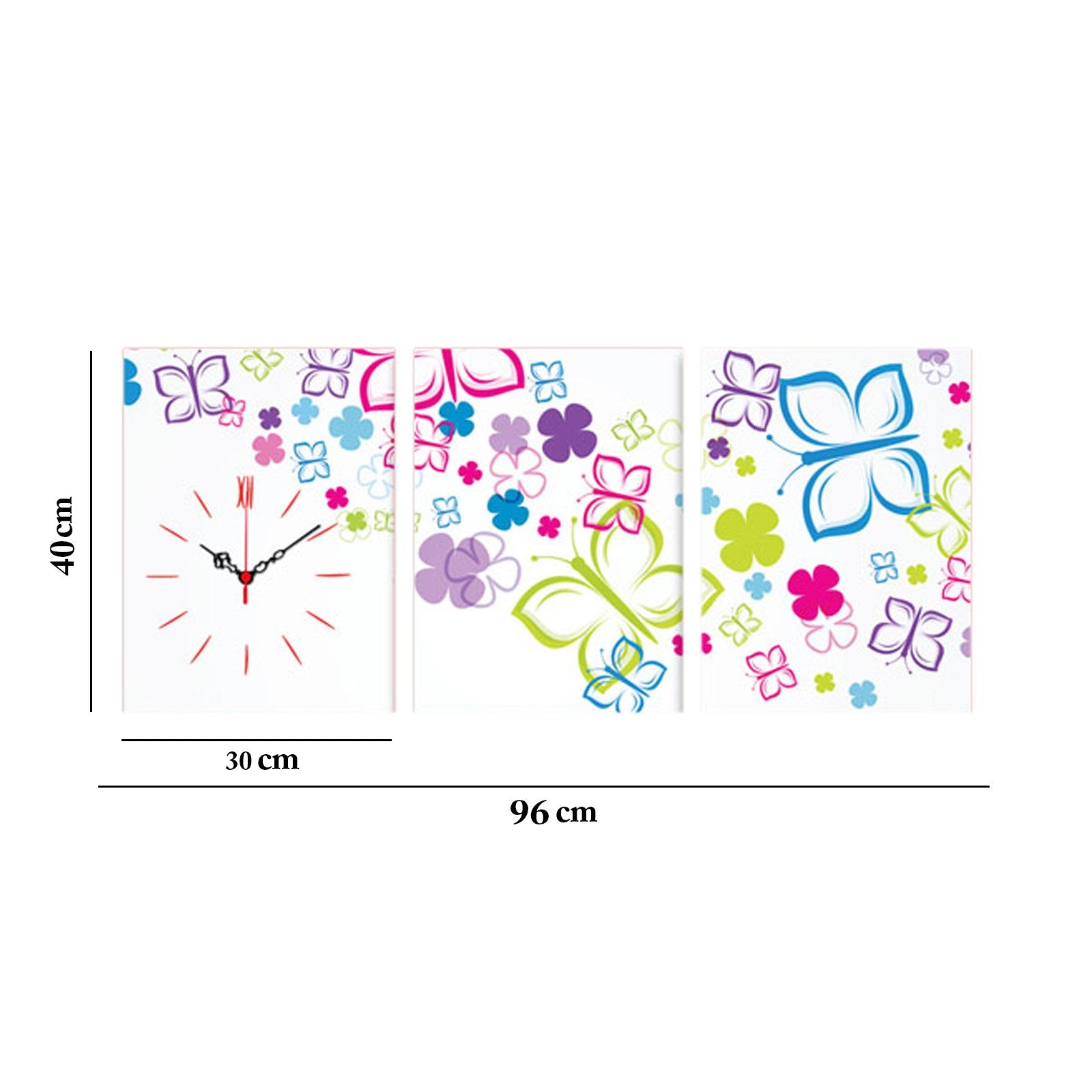 Relógio de Parede em Tela Decorativa (3 Peças) Multicolor — Tela Suede 100%, 30x40 cm cada, Total 96x40 cm, Moldura de Madeira 3 cm (3P3040CS-65)