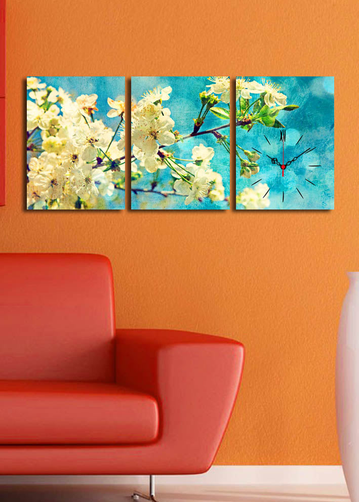 Relógio de Parede em Tela Decorativa 3 Peças, Multicolor – Tela Suede 100%, Moldura de Madeira 3 cm, 30x40 cm (cada), Total 96x40 cm