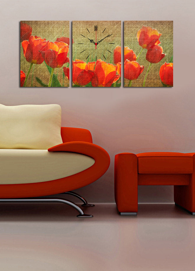 Relógio de Parede em Tela Decorativa Tripartido (3 Peças) Multicolor – 30x40 cm cada, Total 96x40 cm, Suede 100%, Moldura de Madeira 3 cm