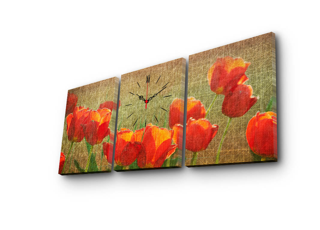 Relógio de Parede em Tela Decorativa Tripartido (3 Peças) Multicolor – 30x40 cm cada, Total 96x40 cm, Suede 100%, Moldura de Madeira 3 cm