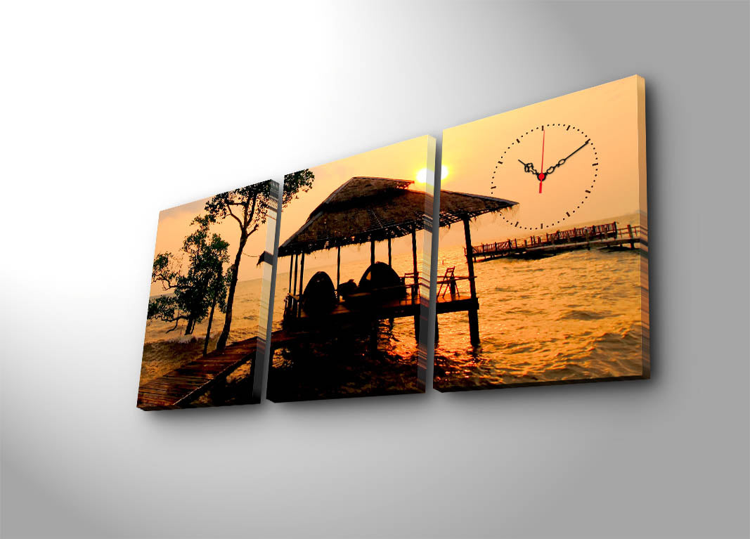 Relógio de Parede Decorativo em Tela (3 Peças) Multicolor – Suede 100%, 30x40 cm (cada), Total 96x40 cm, Moldura em Madeira 3 cm (Mod. 3P3040CSMOR-5)