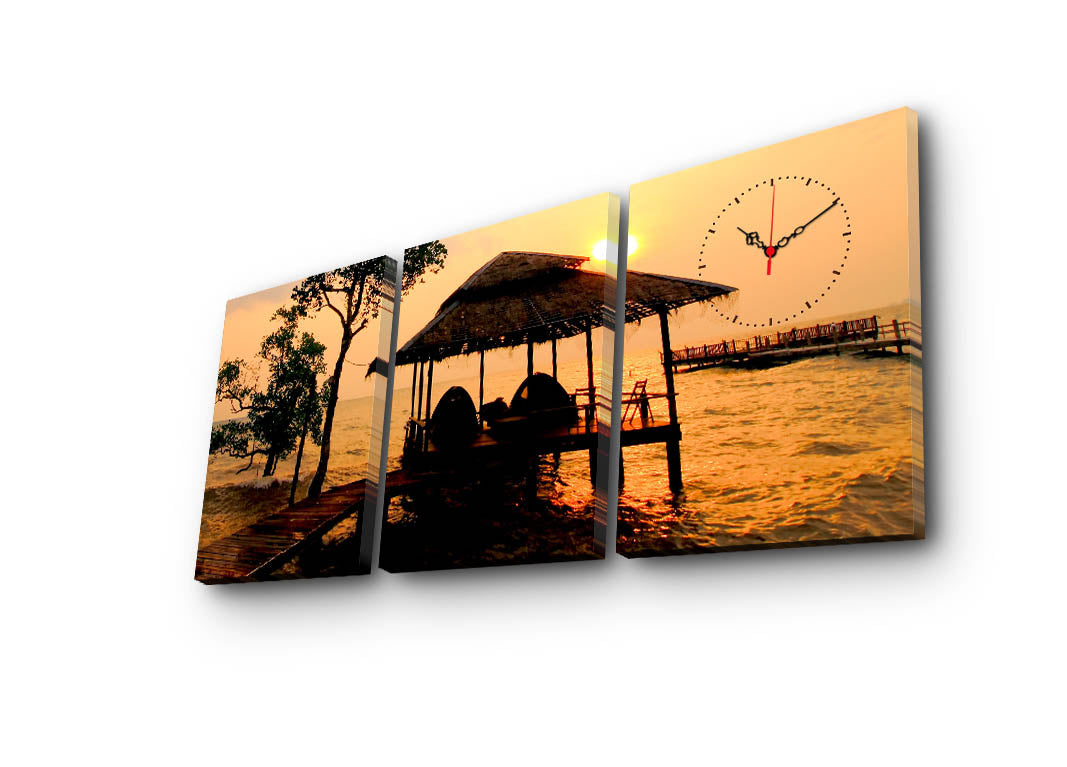 Relógio de Parede Decorativo em Tela (3 Peças) Multicolor – Suede 100%, 30x40 cm (cada), Total 96x40 cm, Moldura em Madeira 3 cm (Mod. 3P3040CSMOR-5)