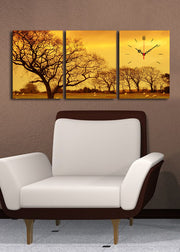 Relógio de Parede em Tela Decorativa (Conjunto de 3) Multicolor — 30x40 cm cada, total 96x40 cm, Moldura 100% Madeira