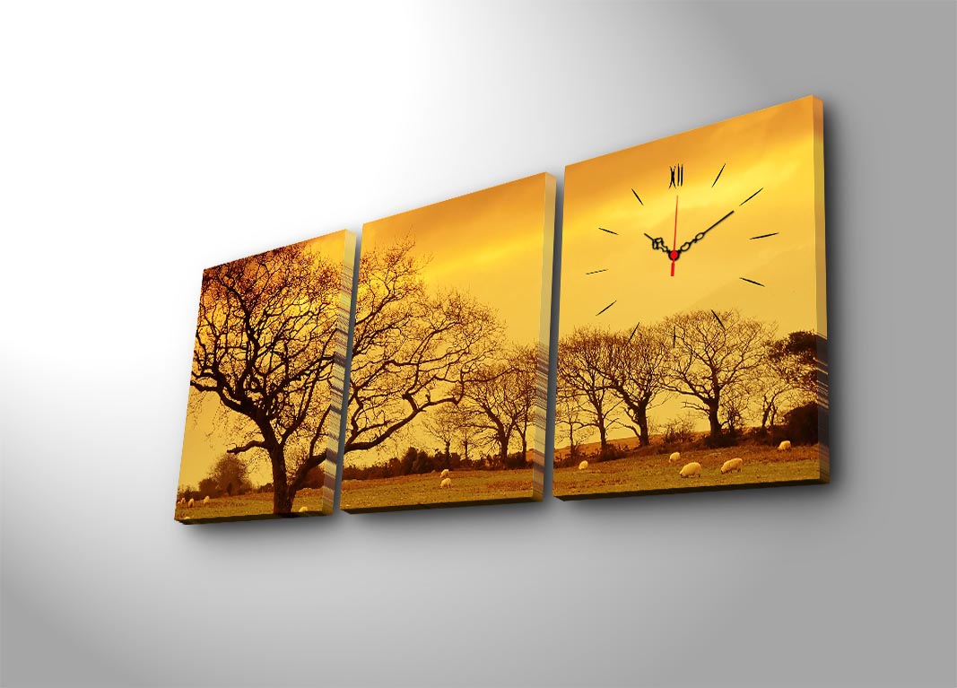 Relógio de Parede em Tela Decorativa (Conjunto de 3) Multicolor — 30x40 cm cada, total 96x40 cm, Moldura 100% Madeira