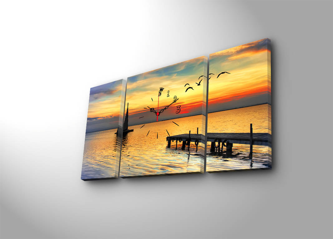 Relógio de Parede em Tela Decorativa Multicolor – Conjunto 3 Peças, Suede Canvas, Moldura de Madeira, 84 x 45 cm