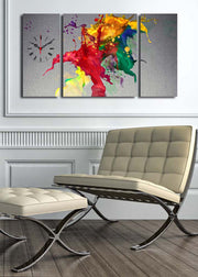 Relógio de Parede Decorativo em Tela Multicolor – Conjunto 3 Peças (84 x 45 cm) | Suede 100% e Moldura de Madeira