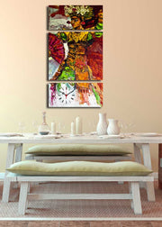 Relógio de Parede em Tela Decorativa (3 Peças) Multicolor – Suede 100%, Moldura de Madeira, 84 x 45 cm