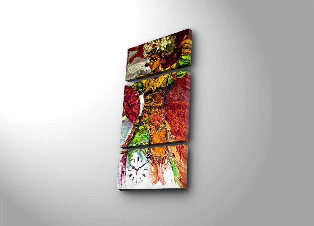 Relógio de Parede em Tela Decorativa (3 Peças) Multicolor – Suede 100%, Moldura de Madeira, 84 x 45 cm