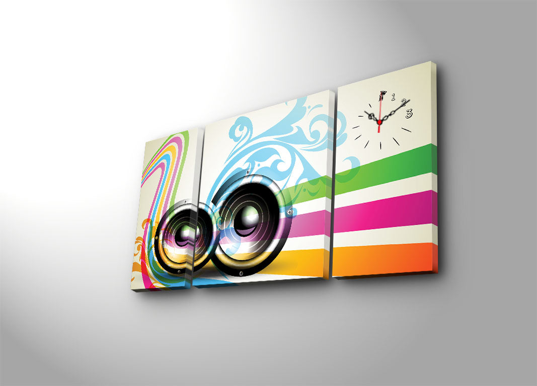 Relógio de Parede Decorativo em Tela Suede – 3 Peças, Multicolor, Moldura de Madeira, 84x45 cm