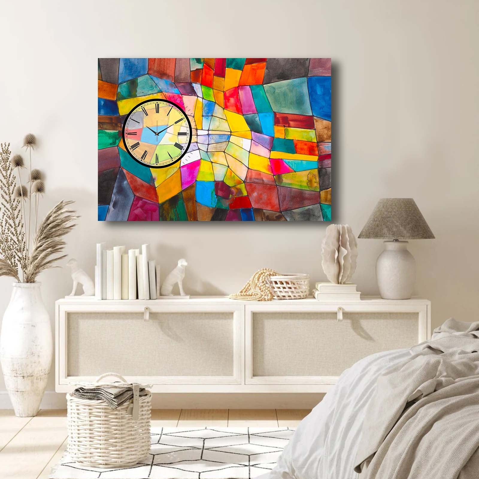 Relógio de Parede Decorativo em Tela Suede 100% 70x100 cm Multicolor com Moldura de Madeira 100% (2,8 cm) – 70100CS-016