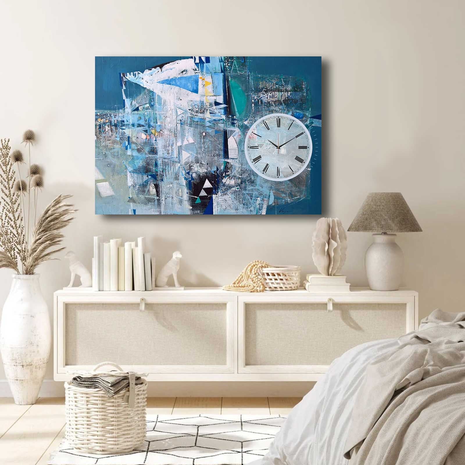 Relógio de Parede em Tela Multicolor 70x100 cm - Camurça 100% e Moldura de Madeira 2,8 cm (70100CS-036)