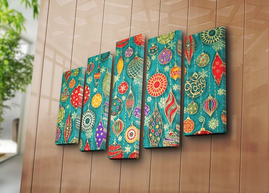 Quadro Decorativo Multicolor de 5 Peças em Suede 100% com Moldura de Madeira – 105 x 70 cm