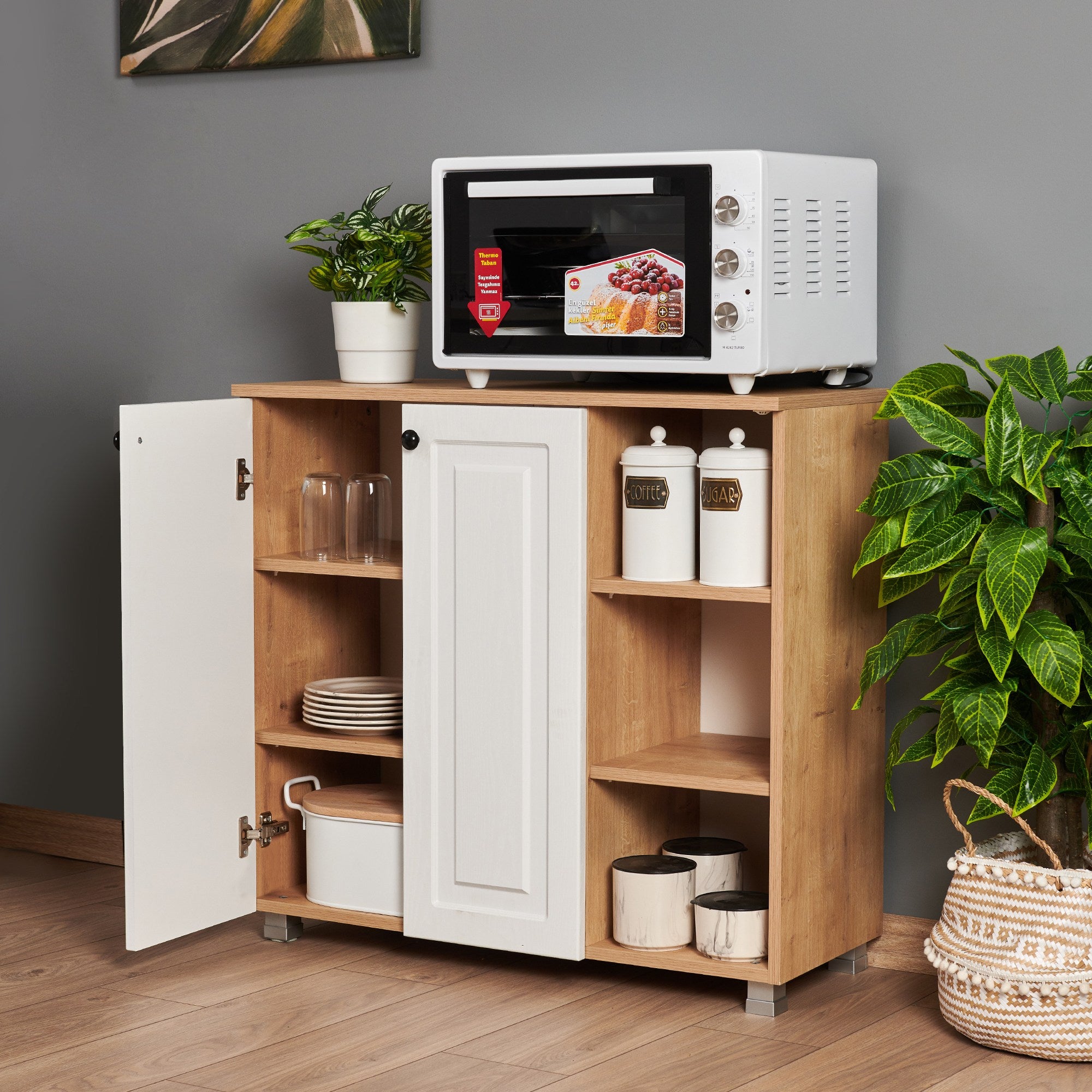 Armário multiusos – 90 cm x 85 cm x 37 cm – Carvalho Safira e Nogueira – Painel de partículas