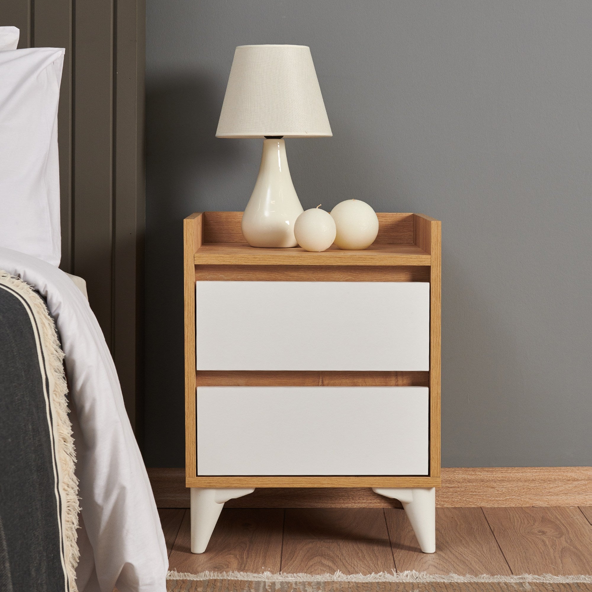 Mesa de cabeceira moderna com 2 gavetas, carvalho safira e branco, 45 x 59 x 40 cm | 100% revestida em melamina, fácil montagem, design elegante e funcional