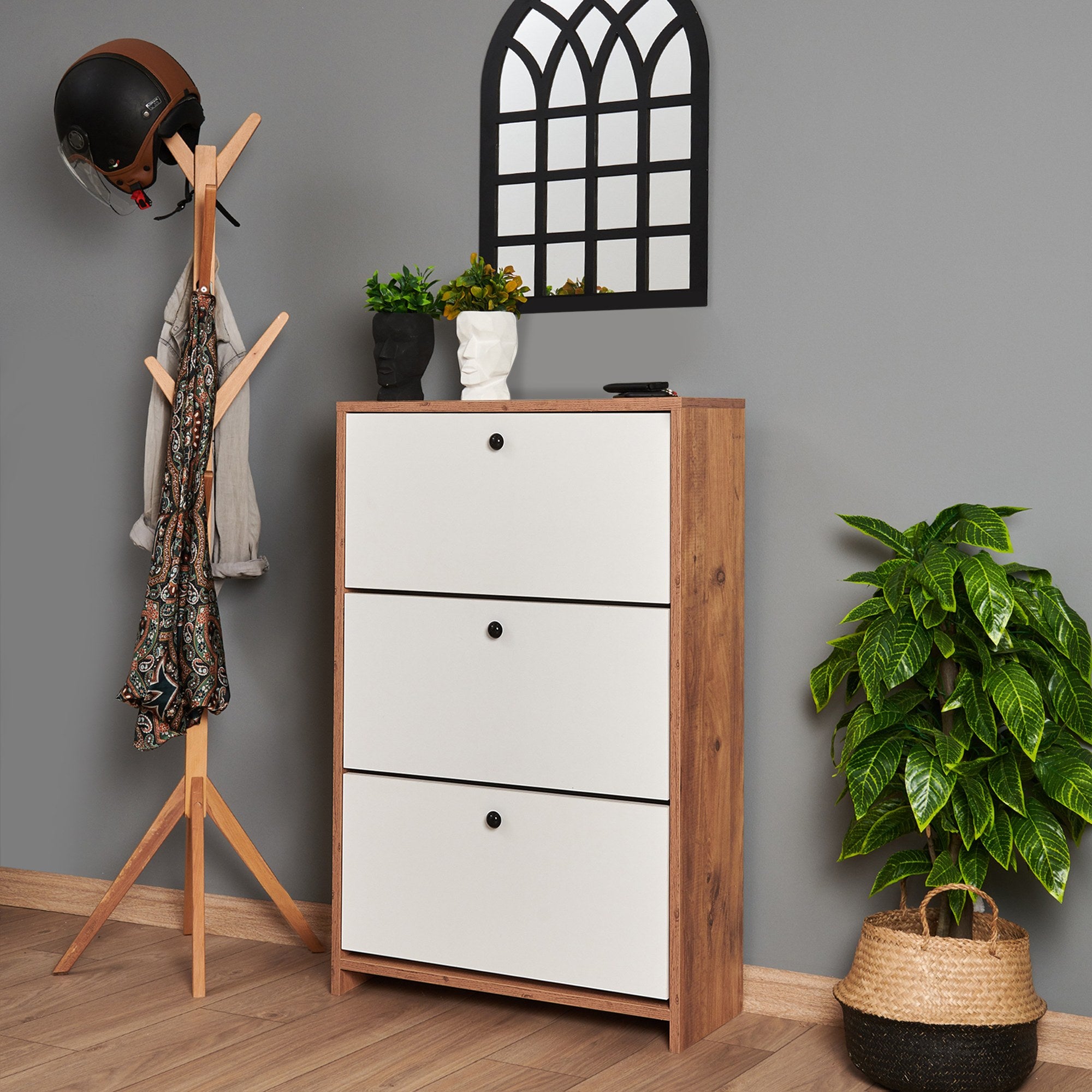 Sapateira estilosa com 3 portas, pinho atlântico e branco, 70 x 70 x 26 cm | Aglomerado 100% revestido em melamina, fácil montagem | Solução de armazenamento moderna