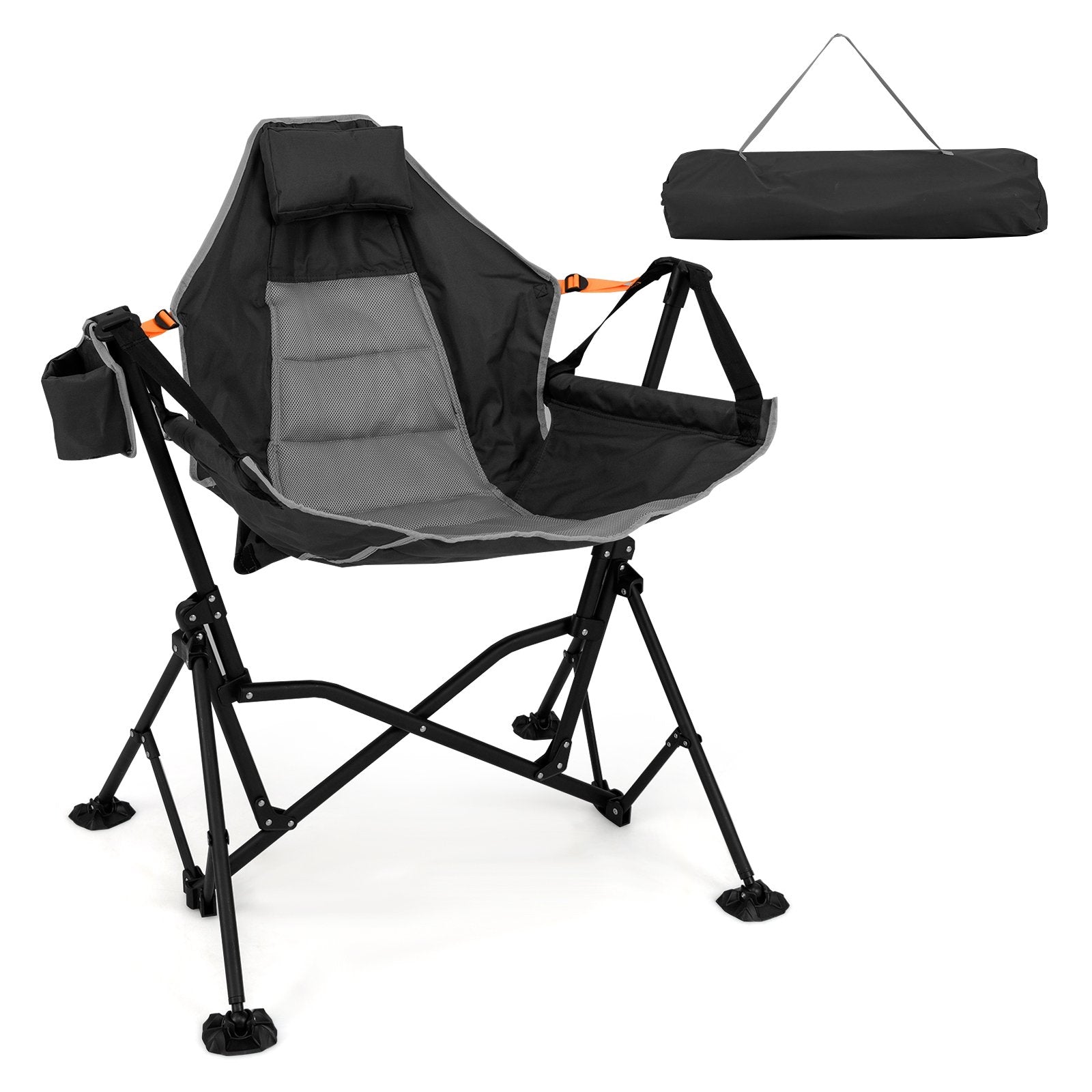 Silla Hamaca de Camping con Respaldo Ajustable y Reposacabezas - Negro y Gris