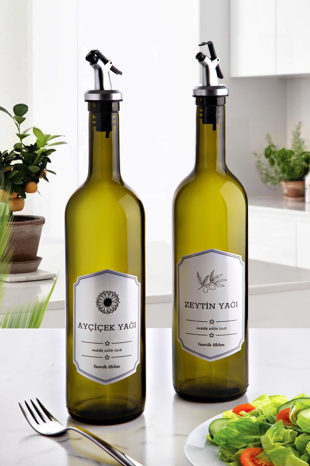 Conjunto de dispensadores de óleo – 7,5 x 7,5 x 34 cm – Multicolorido – Vidro Âmbar