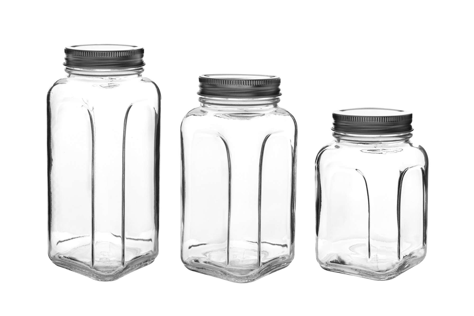 Conjunto de frascos de vidro – 8.5 x 8.5 x 14 cm / 660 ml, 8.5 x 8.5 x 16.5 cm / 820 ml, 8.5 x 8.5 x 20 cm / 980 ml – Prateado – vidro