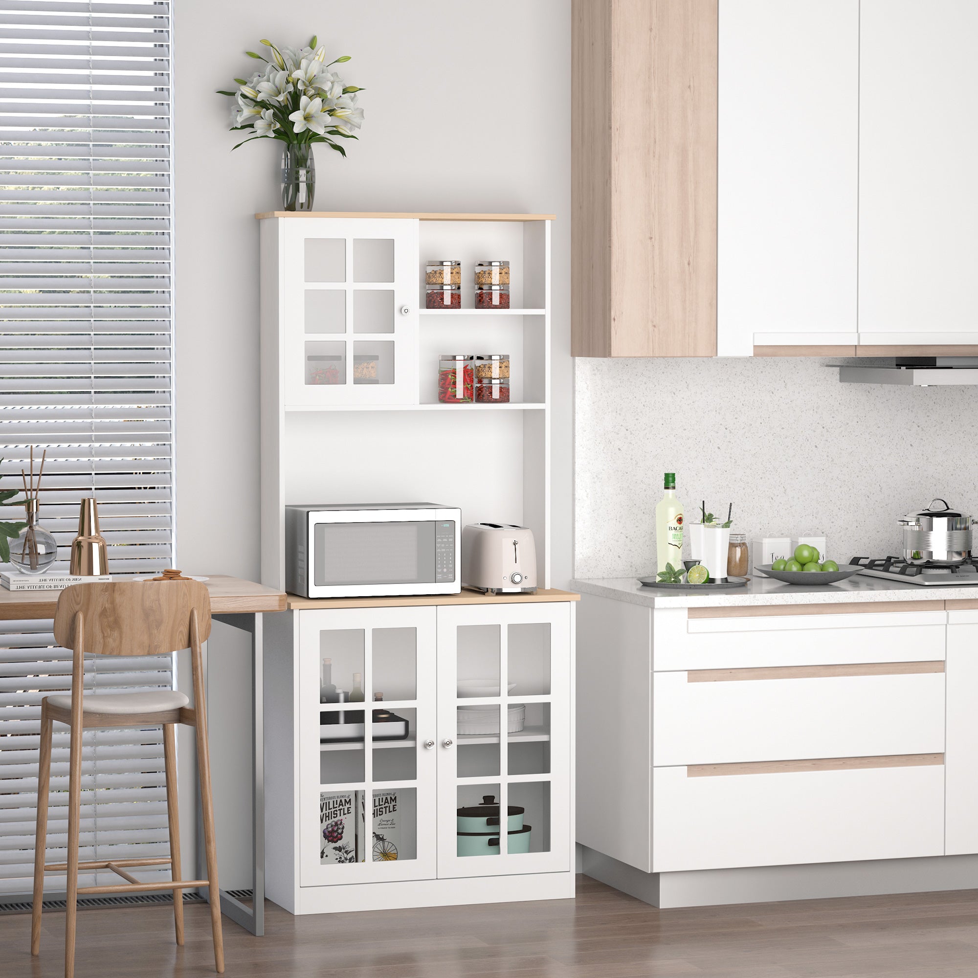 Armário de Cozinha com Prateleiras e Portas de Vidro 80x37x183 cm - Branco