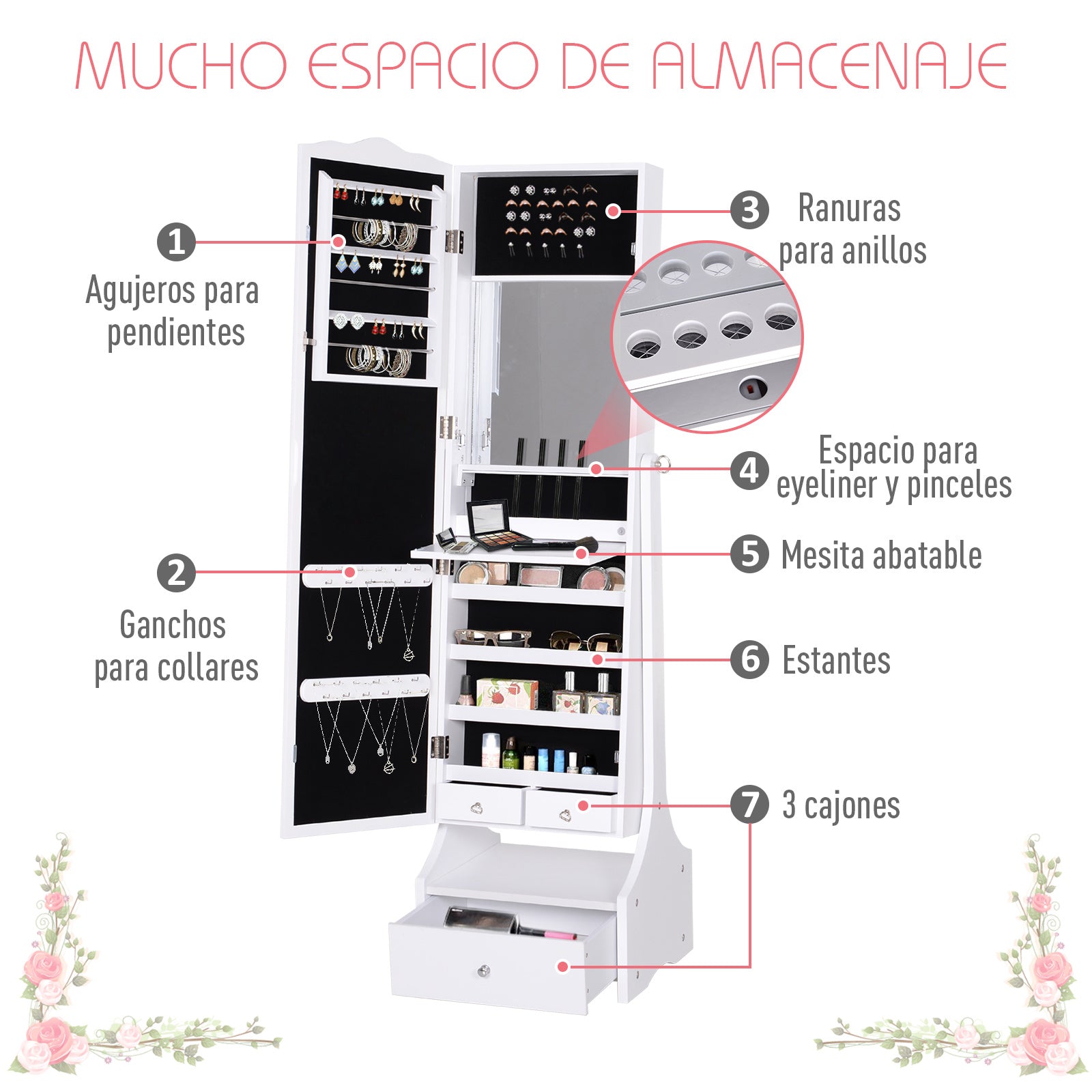 Joalheiro com Espelho – 45x36x150 cm – Branco – MDF