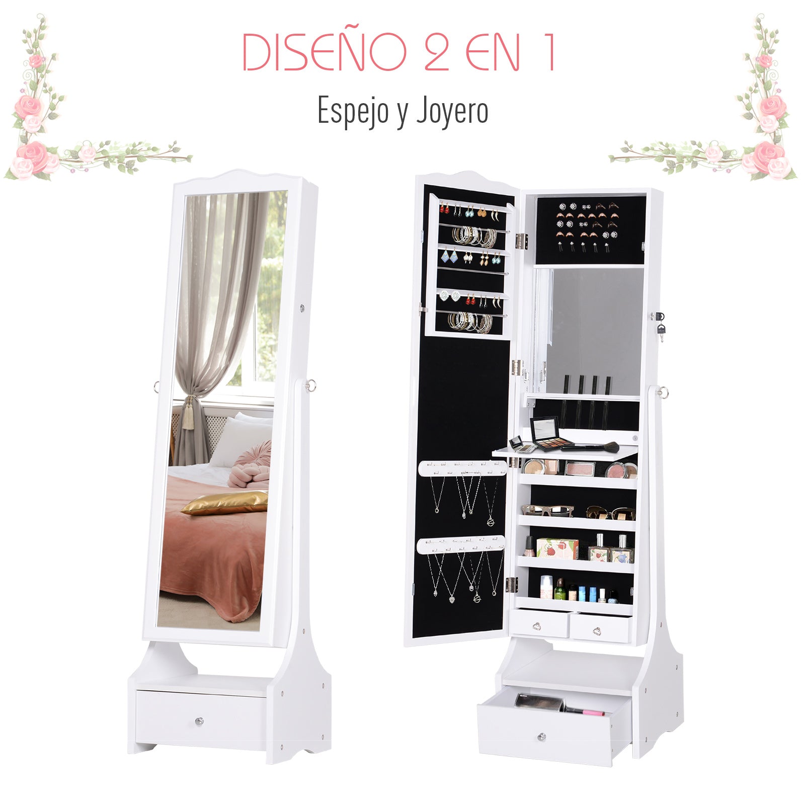 Joalheiro com Espelho – 45x36x150 cm – Branco – MDF