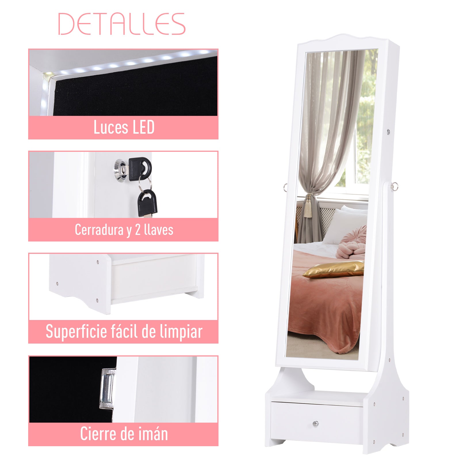 Joalheiro com Espelho – 45x36x150 cm – Branco – MDF