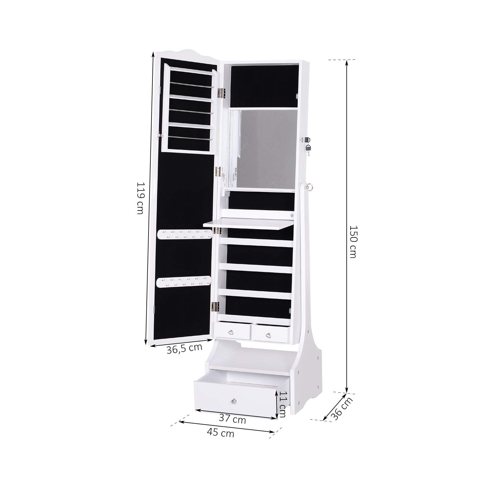 Joalheiro com Espelho – 45x36x150 cm – Branco – MDF