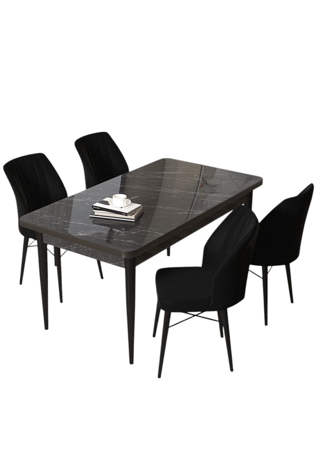 Conjunto de mesa de jantar e cadeiras (5 peças)-Arp-Mármore Preto
Preto