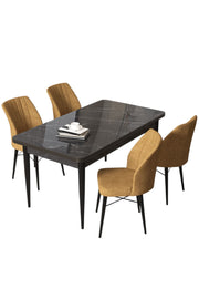 Conjunto de mesa de jantar e cadeiras (5 peças) – 110x76x71 cm – Preto Mármore e Cappuccino – MDF e metal